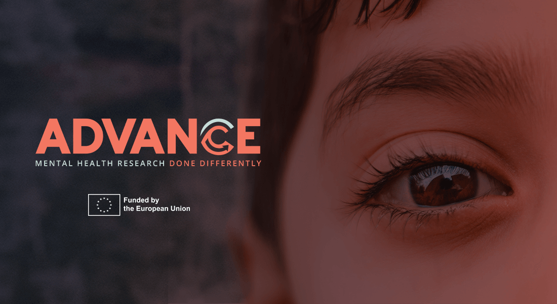 Promotional banner for ADVANCE, a mental health research initiative, with a close-up image of a child's eye on the right, and the text 'ADVANCE - MENTAL HEALTH RESEARCH DONE DIFFERENTLY' alongside the European Union flag and the statement 'Funded by the European Union' on a dark textured background