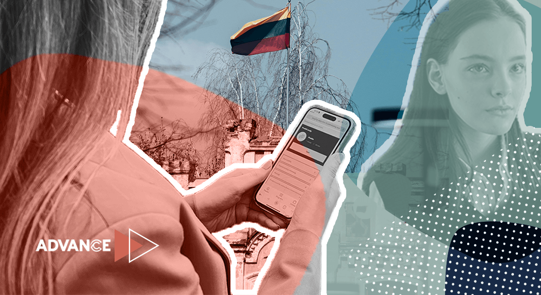 Image of a girl, Lithuanian flag, and smart phone