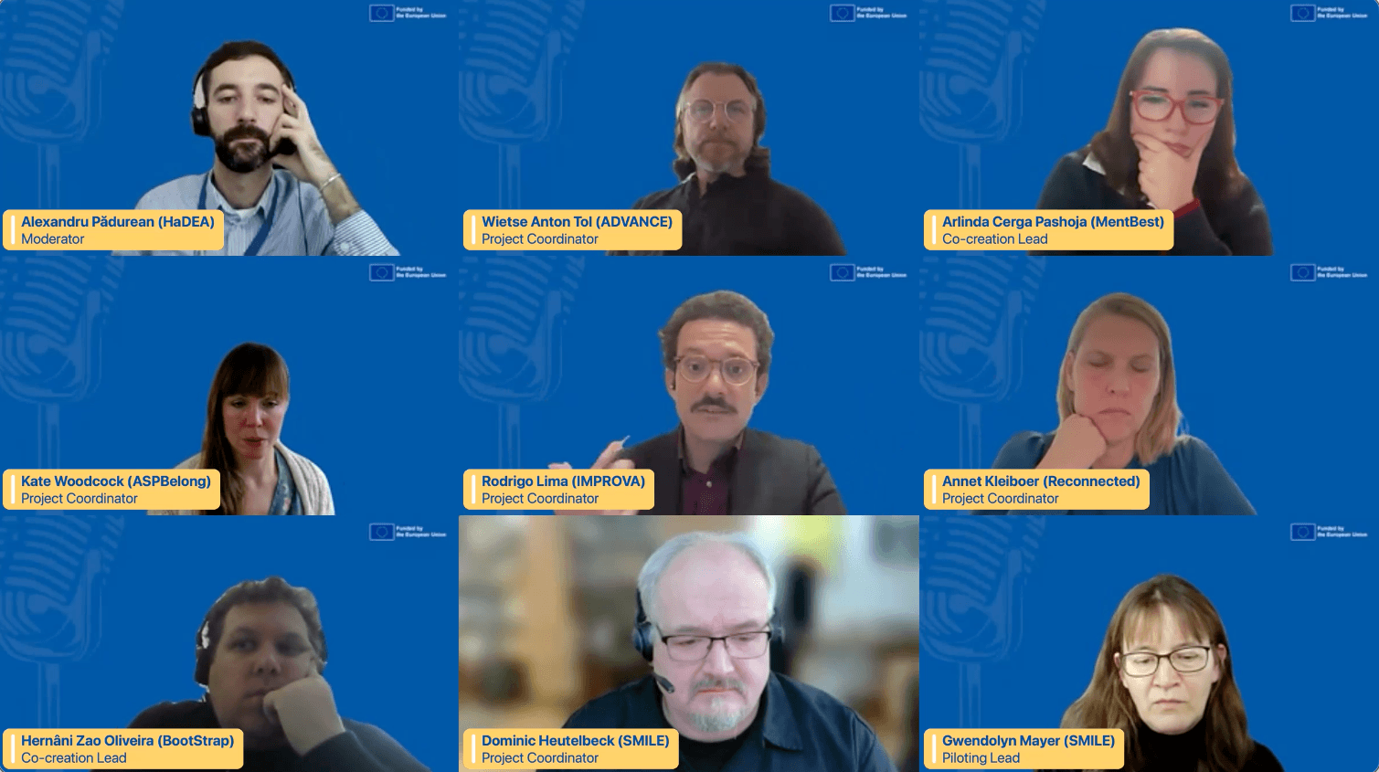Screenshots of the webinar showing all the panelists and moderator